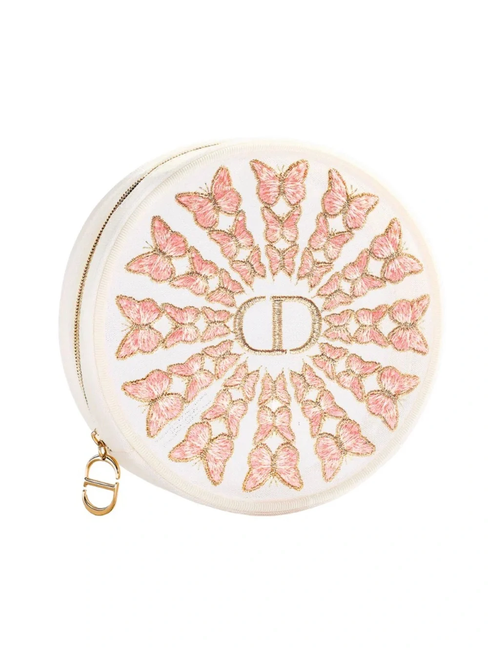 Dior Round Pink & Gold Embroidered Butterfly Pouch